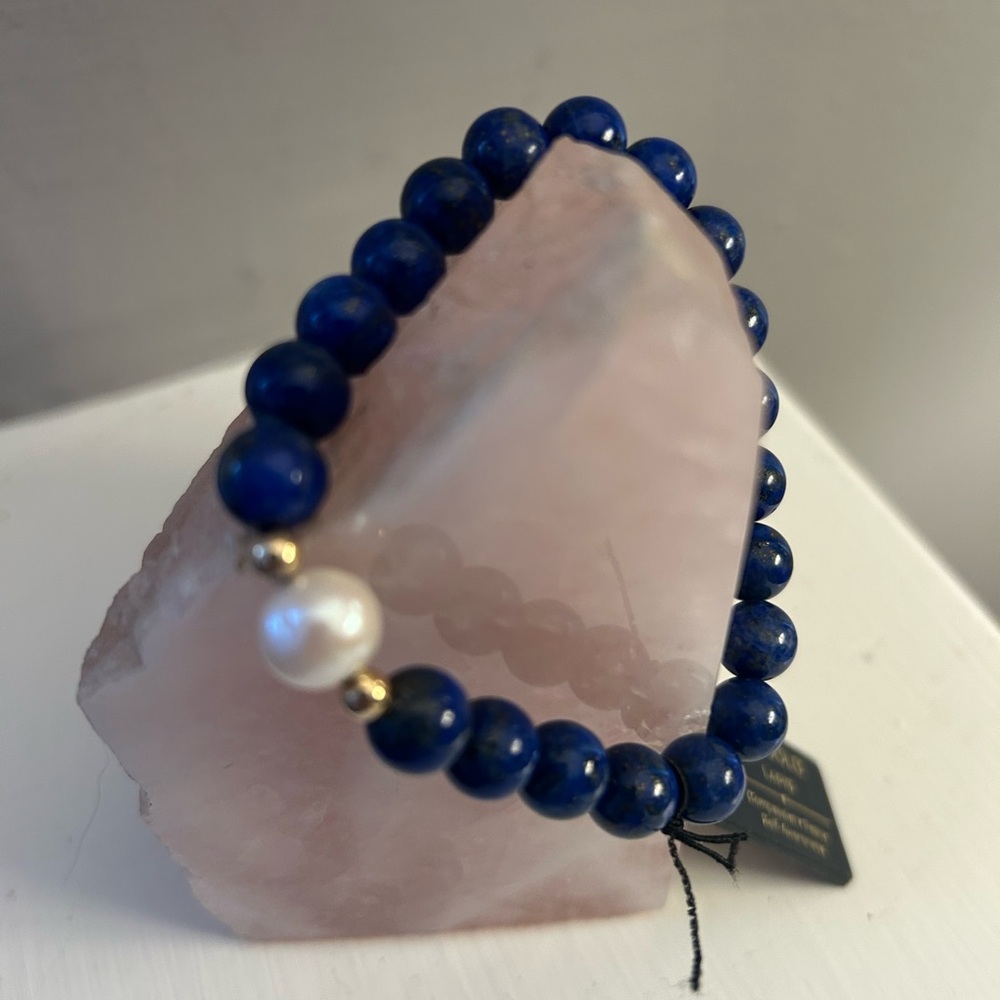 NEW Genuine Lapis Lazuli Beads Pearl & 14 KT Stretch Bracelet